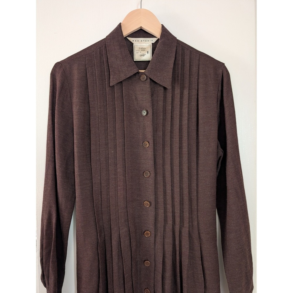 Max Studio Brown Pleated Button Down Tunic Dress Wool Womens 4 Lagenlook Vintage